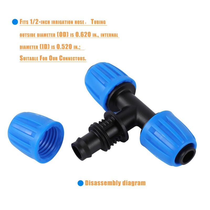 FULAIERGD 1/2"" Drip Irrigation Lock Barbed Tee Connectors 1/2 inch PE Tubing (OD 0.620 in.ID is 0.520. in), Anti-Drop Straight Tee For Irrigation Tubing Fittings (8 Pcs Blue) - Image 3